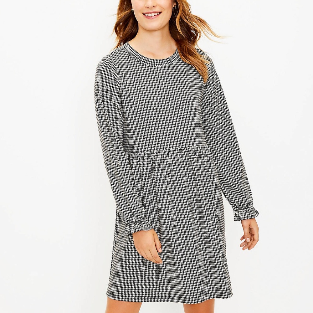 NWT LOFT Black and White Long Sleeve Houndstooth Dress